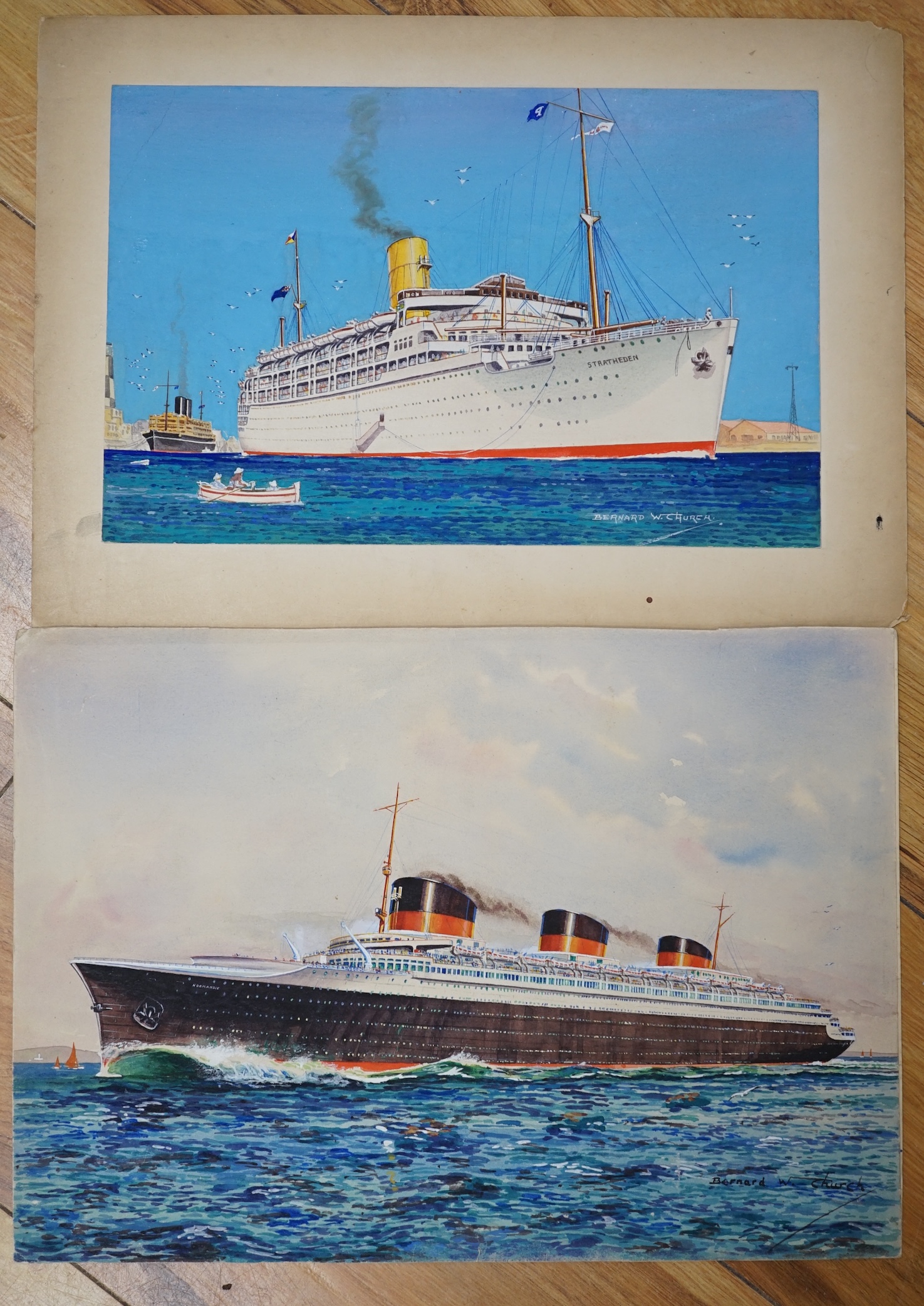 Bernard W. Church (20th. C), two original watercolours for postcard designs, ocean liners, ‘Normandie, France Line,’ & ‘Stratheden, P&O Line’, each signed, unframed, 25 x 36cm. Condition - fair to good